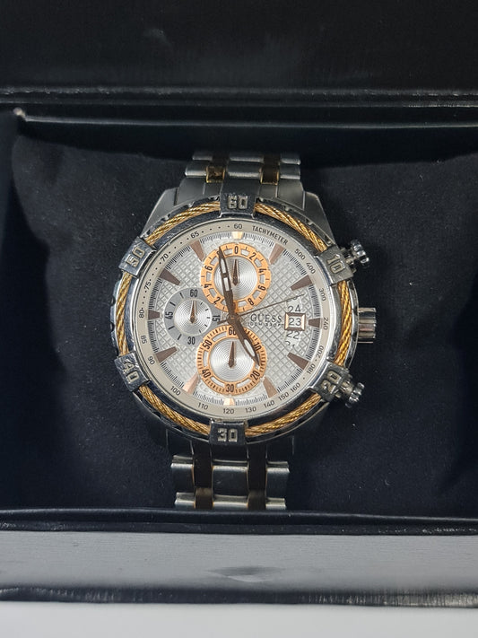 GUESS Men's Two-Tone Chronograph Watch with Gold Cable Bezel