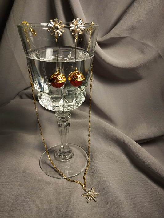 Premium Golden Starburst Pendant & Ornate Drop Earrings Set For Women