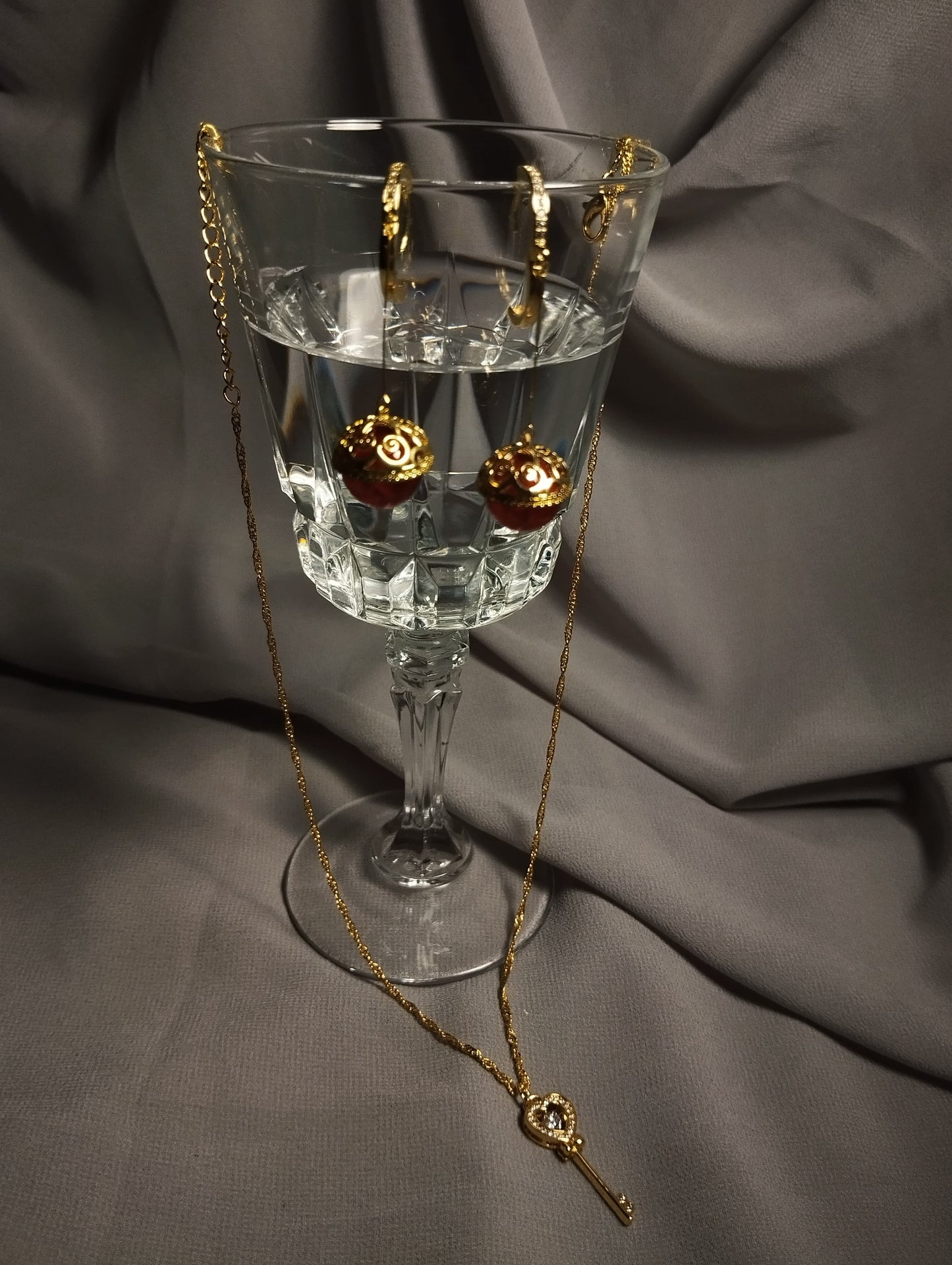 Royal Charm Gold Earrings & Key Pendant Set For Women