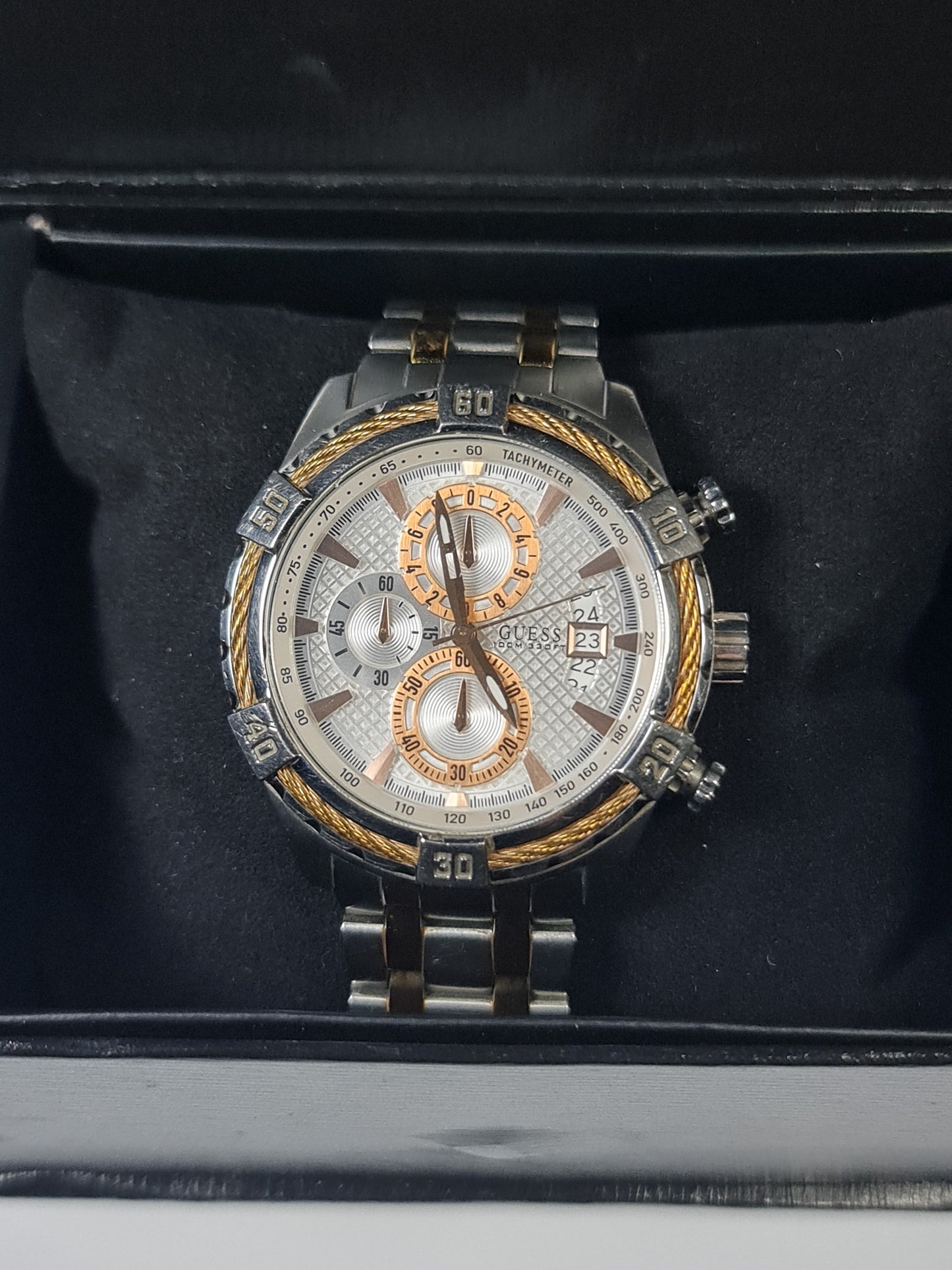 GUESS Men's Two-Tone Chronograph Watch with Gold Cable Bezel