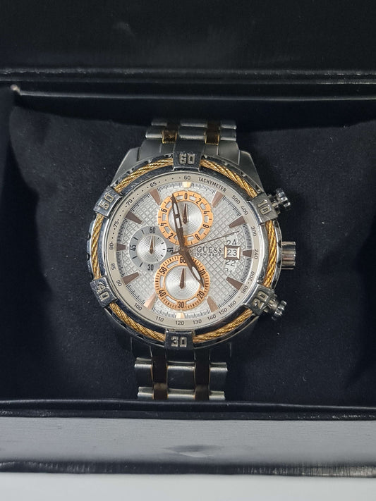 GUESS Men's Two-Tone Chronograph Watch with Gold Cable Bezel