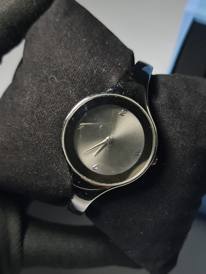 Minimalist Women’s Black Bangle Watch with Sunray Dial