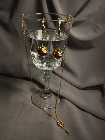 Royal Charm Gold Earrings & Key Pendant Set For Women